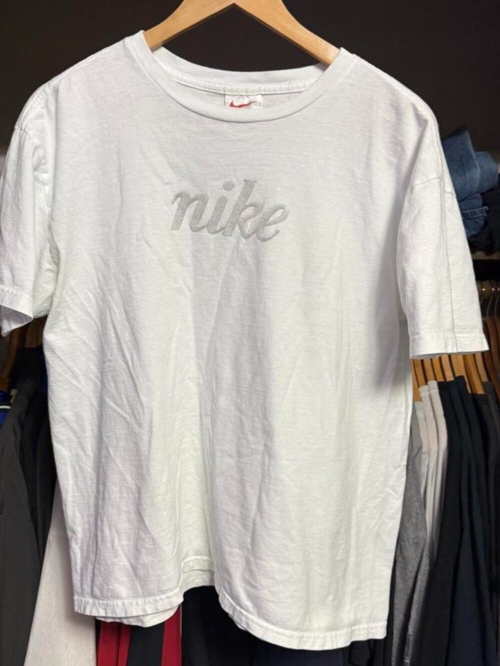 90s Nike XL Embroidered Graphic Logo Crew Neck Cotton Knit Short Sleeve Cropped